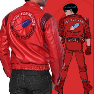 Men's Akira Shotaro Kaneda Red Capsule Logo Text Cosplay Faux Leather Jacket